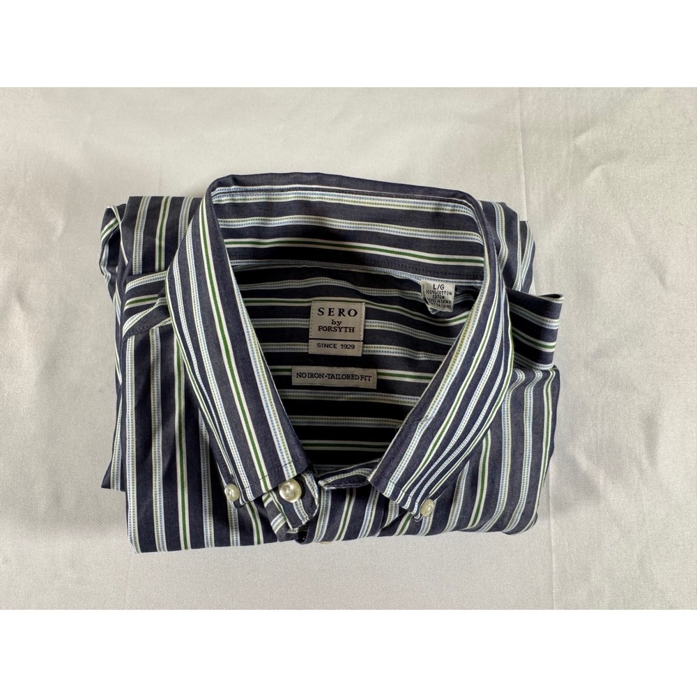 Sero by Forsyth Mens Tailored Fit No Iron Striped Button Down Shirt Large Navy